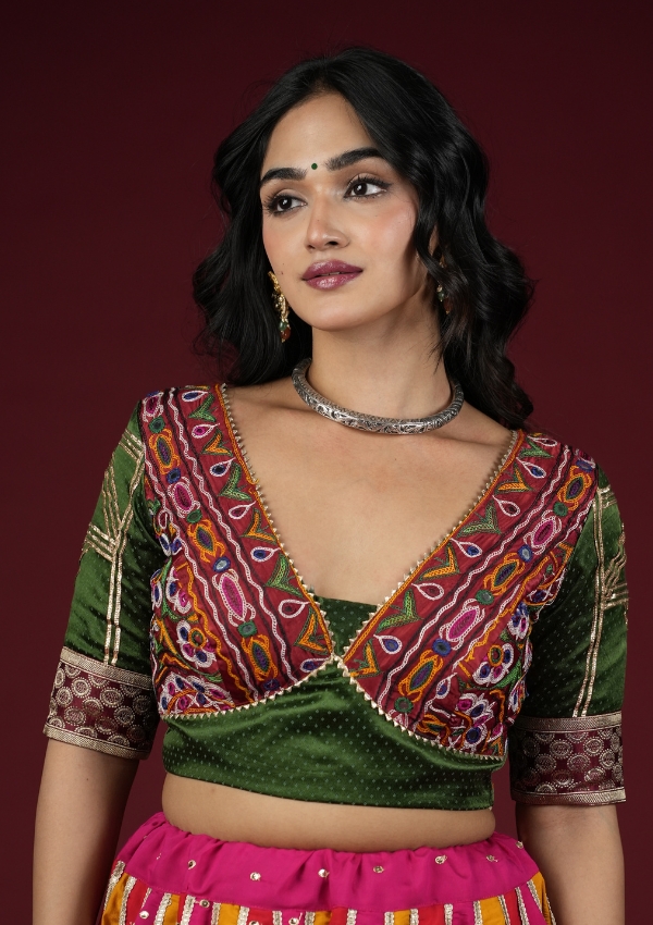 Green Multicolor Kutchi Gajji Blouse